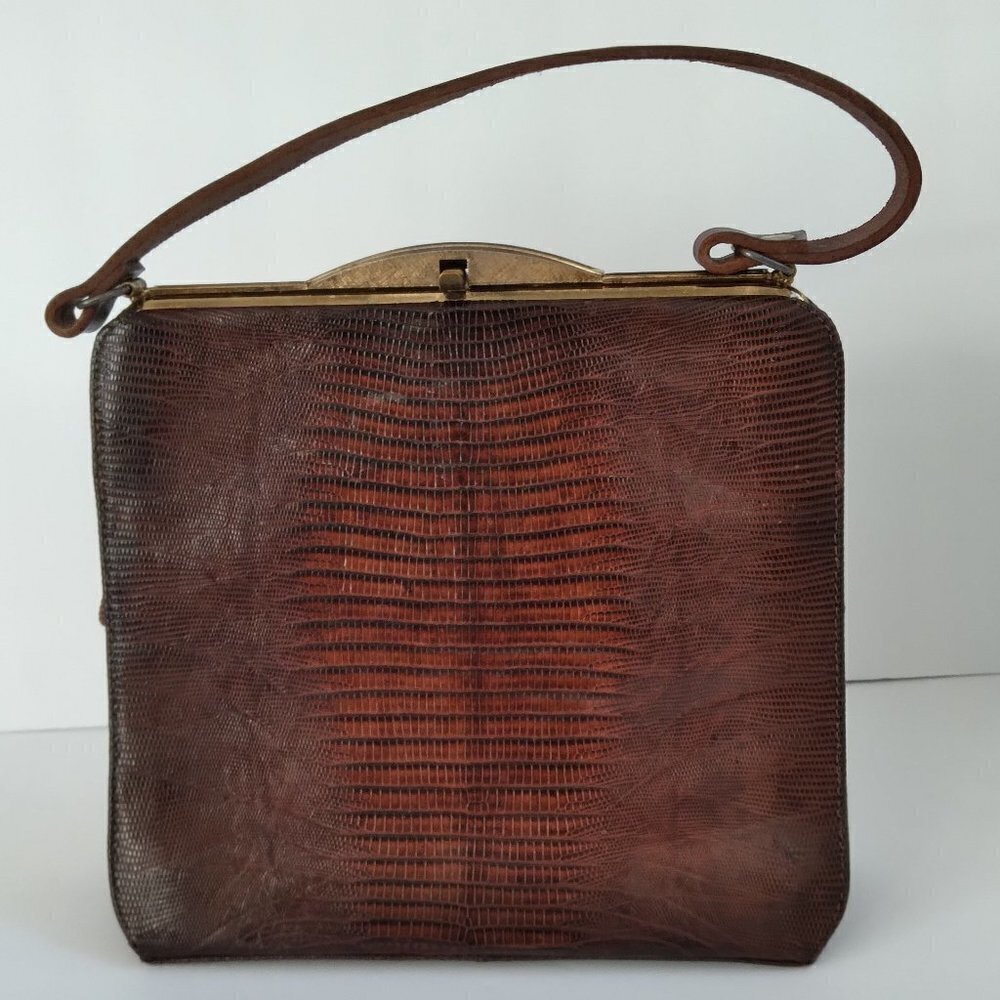 Vintage 1950's/60's Brown Lizard Structured Satchel Handbag - Picture 12 of 12